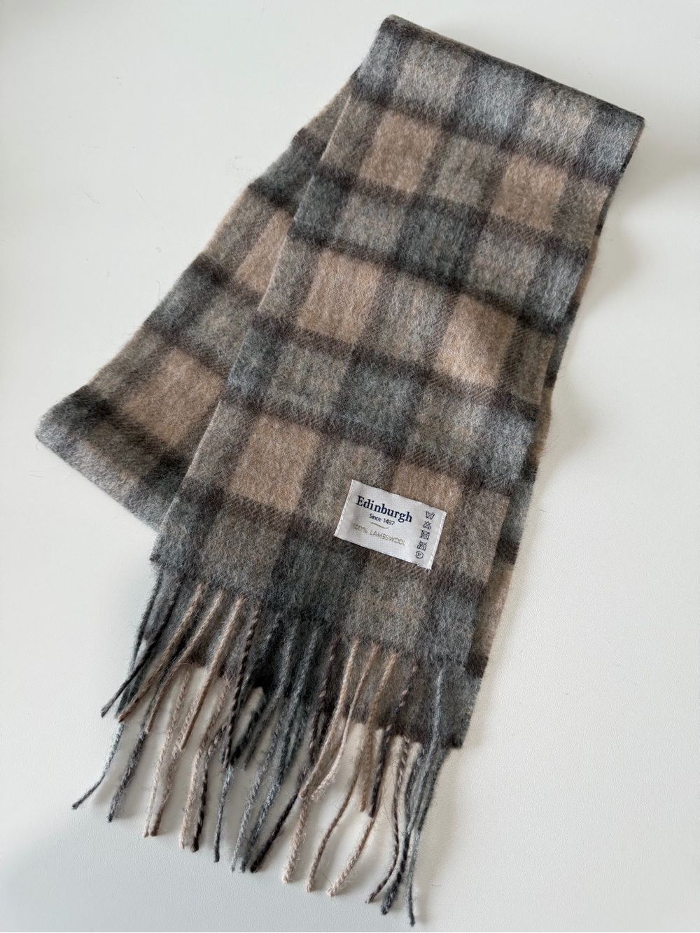 Edinburgh Plaid 100% Lambswool Fringed Scarf Tan Gray 6-1/4” x 62”